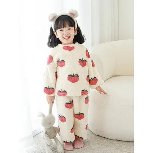 High Quality Child Fluffy Fleece Winter Pajamas for Baby Girls Cute Fruit Peach Warm Night Wear Sleepwear Kids Pyjamas Set