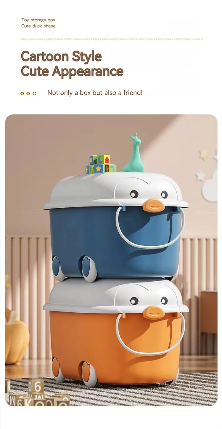 Detachable Cute Cartoon Duck Plastic Storage Box With Lid Baby's Toys Storage Box Featuring Wheels & Handle details