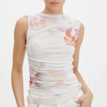 New digital printed summer mesh patchwork with unique pleated vest, elegant style, slim fit, pure desire top