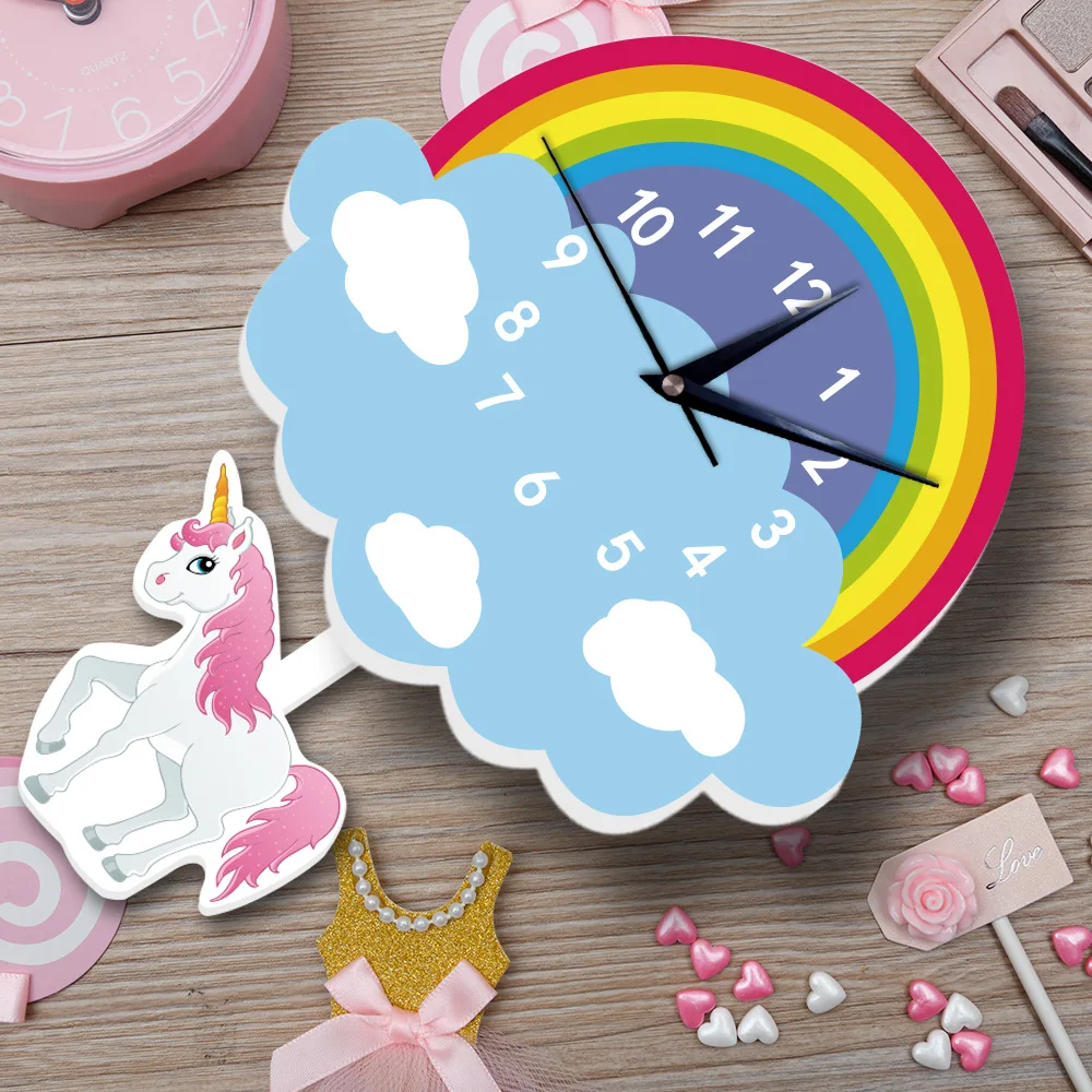 Non Ticking Battery Operated Clocks Art Decoration for School Bedroom Office Kitchen Living Room xigua Unicorn with Rainbow Round Clock Silent Wall Clock 