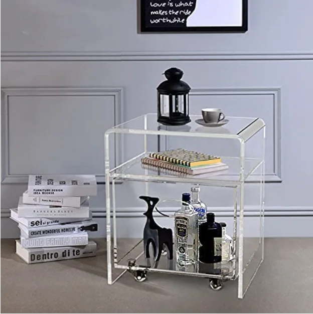 Clear Acrylic Bedside Table With Extra Storage Basket On Wheels