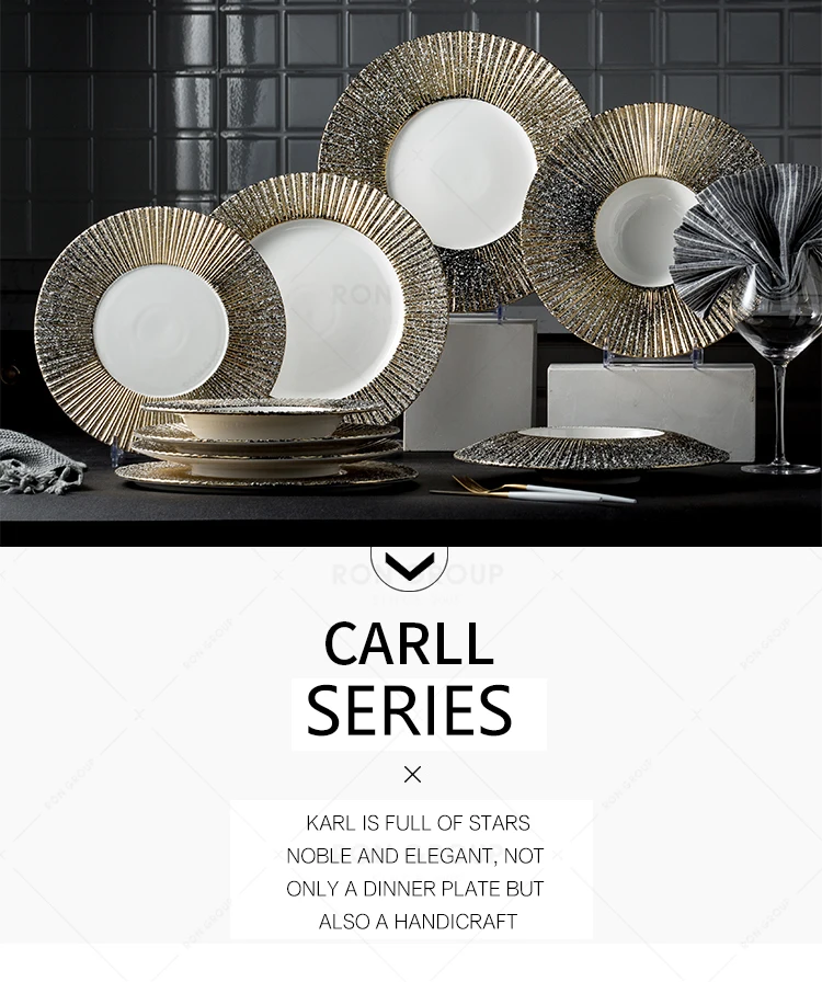 High quality new style restaurant wedding banquet gold rim white dinner porcelain ceramic plates sets dinnerware modern