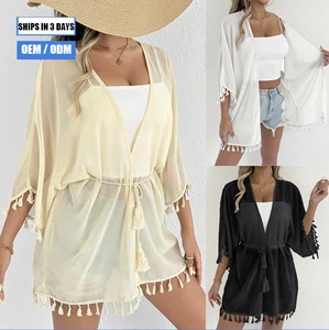 Manufacturer Wholesale One-Piece Kaftan Beach Dress with Pom Pom Trim See Sarongs Short Sleeve Swimwear Tank Bra Skirt Bottom