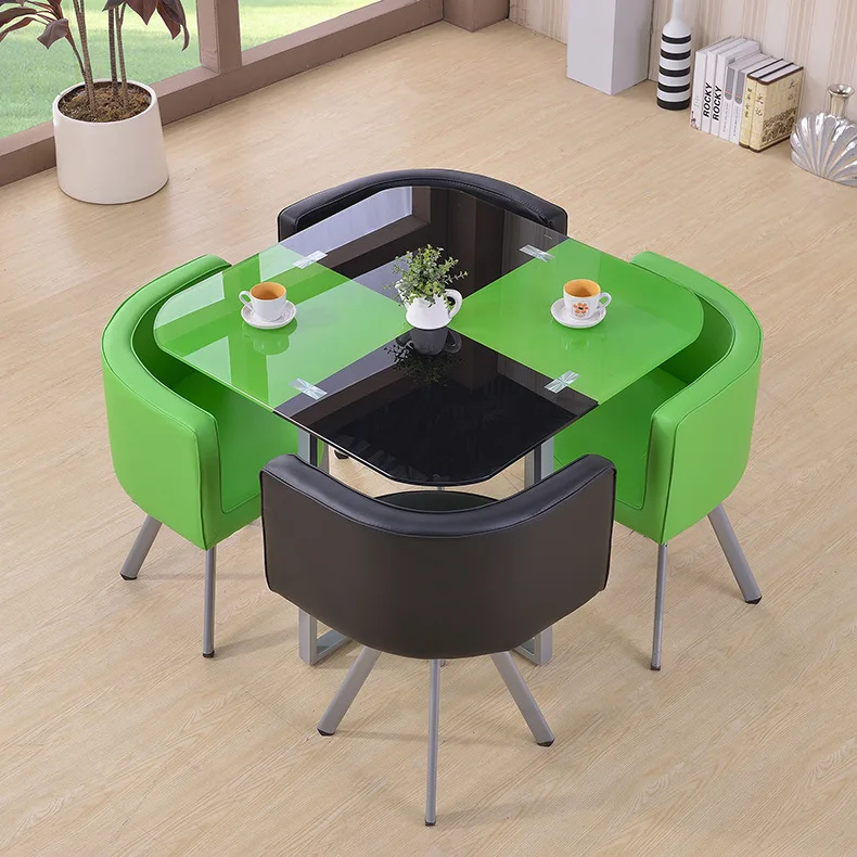 Dining Table and Chairs Set 4 Modern Glass Round Dining Kitchen Table and Faux PU Leather Chairs Dining Room Set