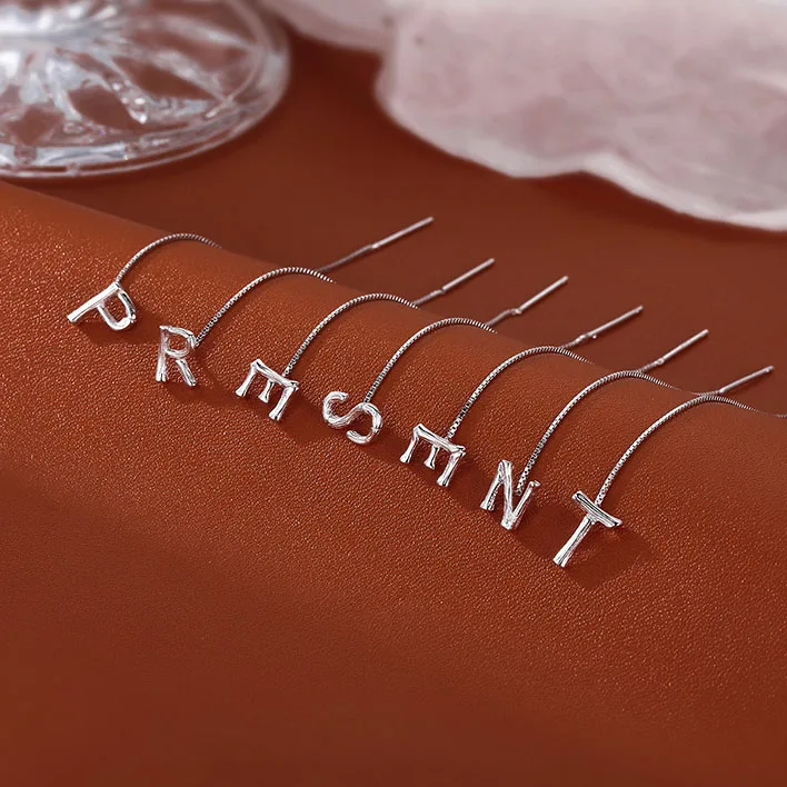 Simple Letter Long Wire Tassel Threader Chain 925 Silver Plated Alphabet Dangle Earrings Women Straight Hanging Earrings Jewelry