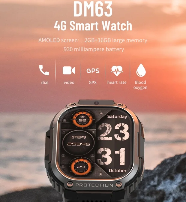 DM63 4G Android Smart Watch With Camera 2.13 Inch Amoled Large Screen Smartwatch 5G Sim Card Support Wifi and App Download
