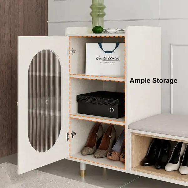 Upholstered Modern Shoe Storage Cabinet with Door White Entryway Storage Bench Cabinet