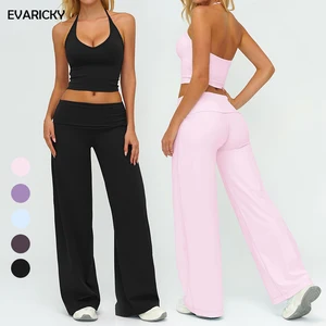 Evaricky Women Casual Running Wide-Leg Yoga Pants Gym Workout Fitness Clothes Halter V Neck Yoga Tank Top Suit Activewear Set