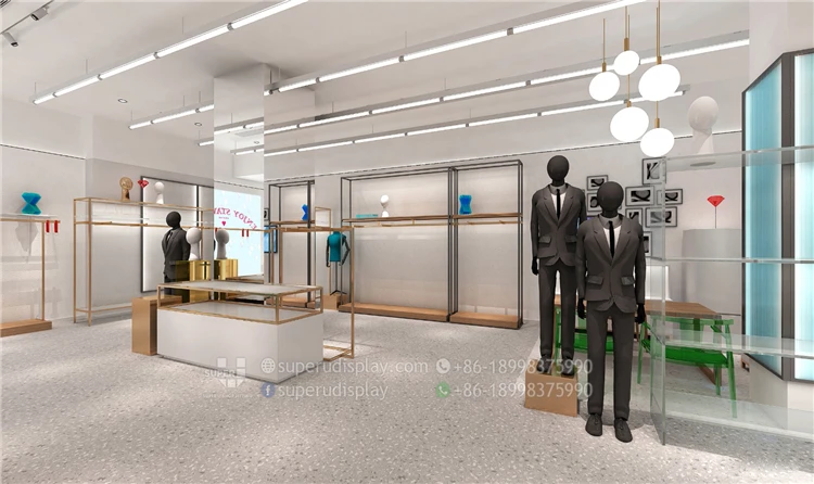 Tienda de moda moderna para hombres, venta al por menor, diseño  personalizado, tienda de ropa para hombres, exhibición de muebles, fábrica  al por