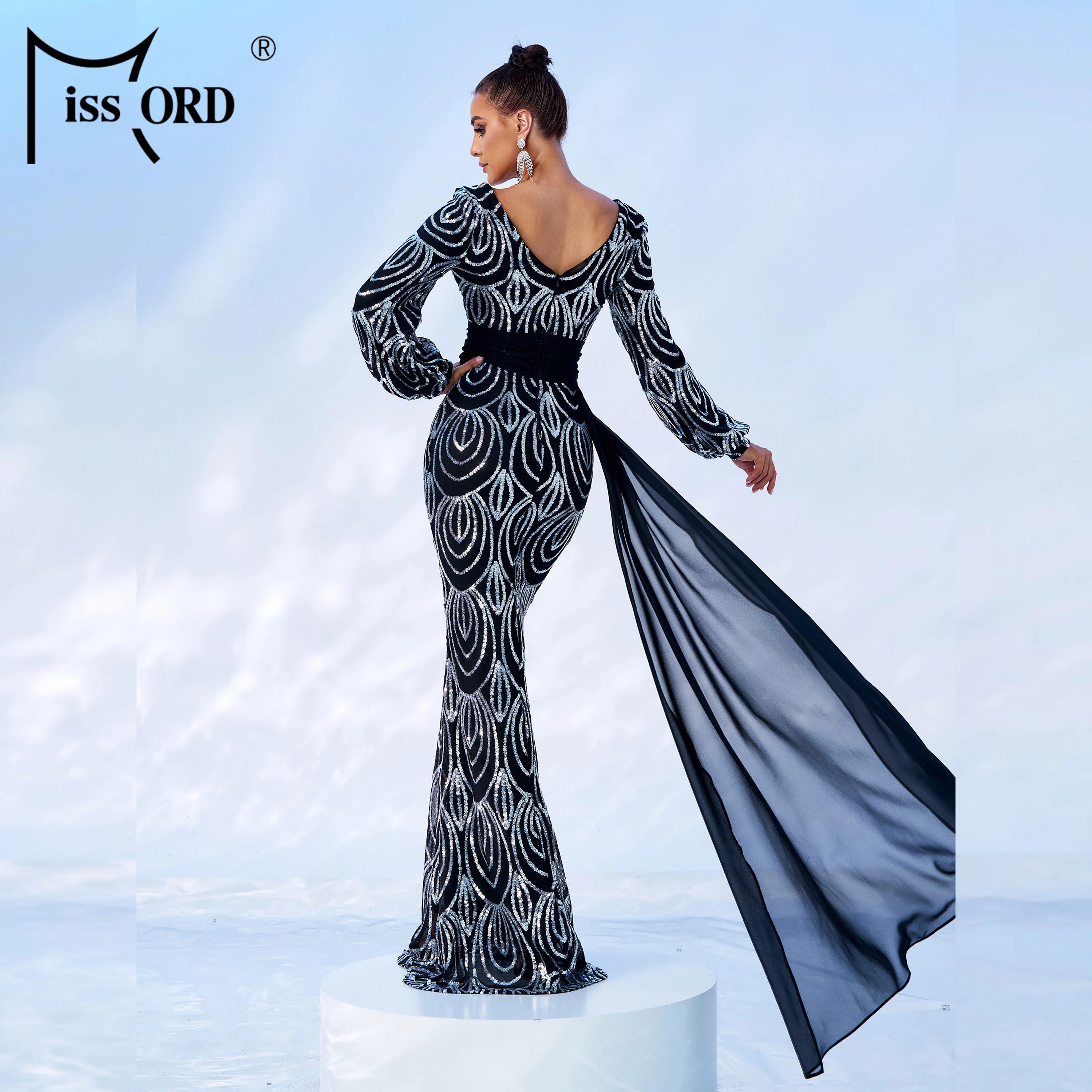 Full Sleeve Mermaid Sequin Long Elegant Luxury Modest Evening Dresses for  Women