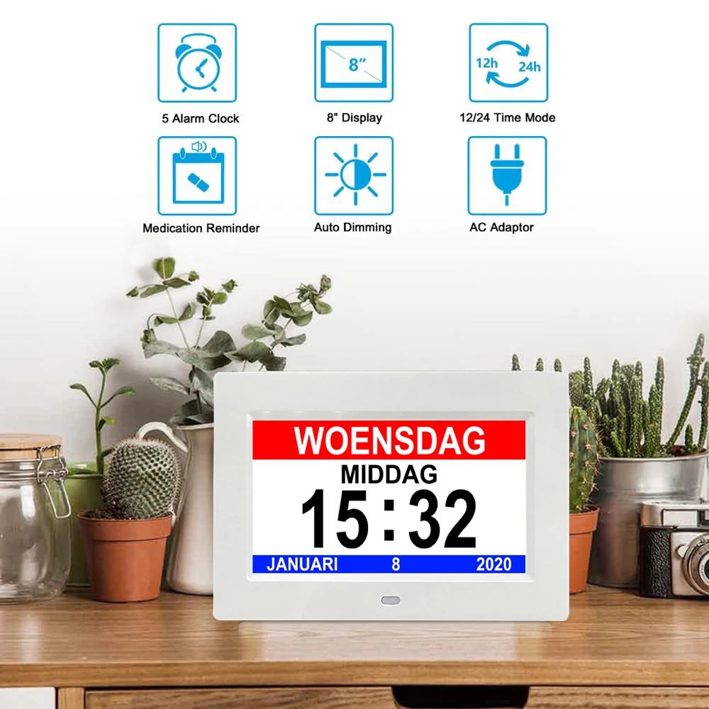 Table Clock 7 Inch Digital Calendar Day Date Week Alarm Reminder Clock for Dementia Elderly Low Vison Impirement