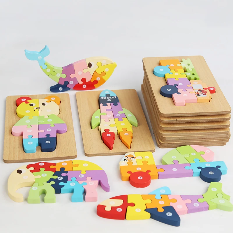 Kostenlose benutzerdefinierte Kinder Holz Tier Lernen 3D Puzzle Spielzeug Holz Baby Spielzeug für Kinder Kleinkinder Jungen und Mädchen CPC CE