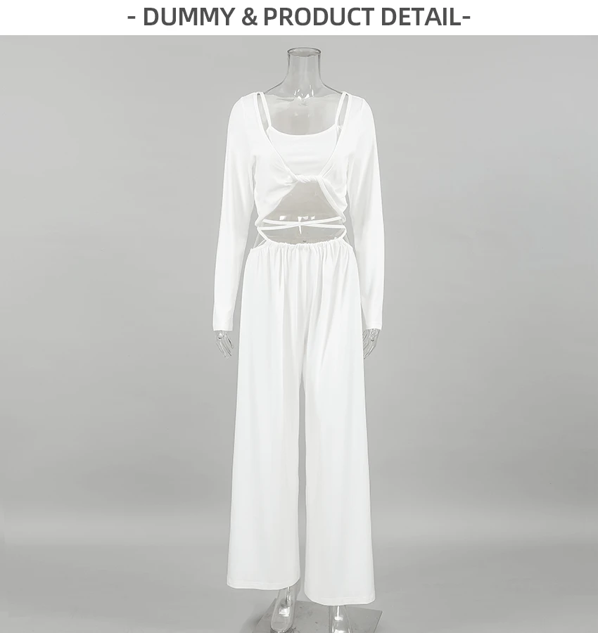 Knitted soft, breathable and loose long-sleeve underwear and pants pajama three-piece cross-border loungewear set. — detail