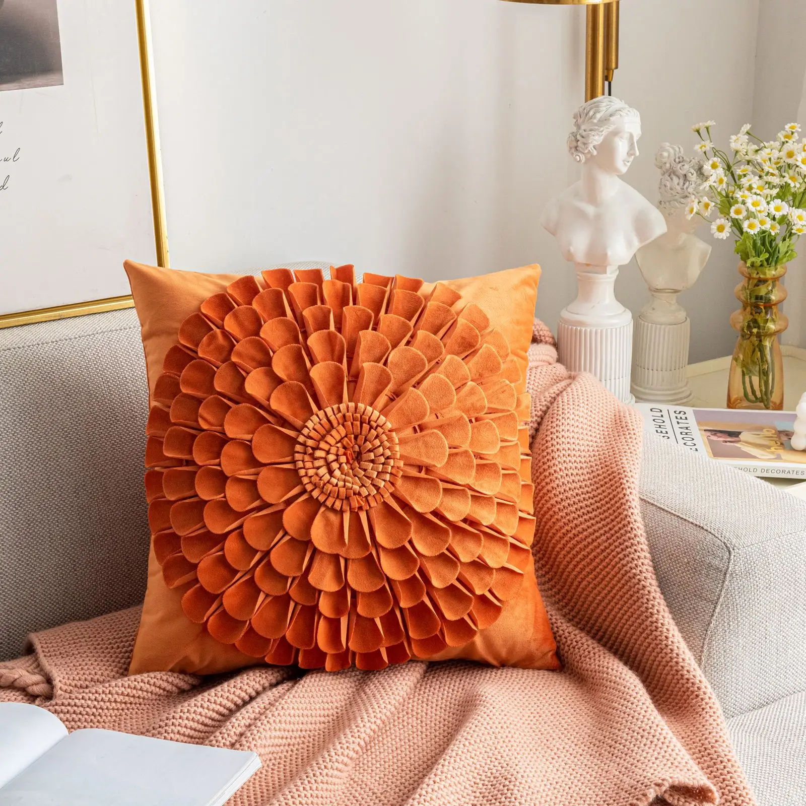 Custom Manual Splicing Pillow Cover Solid 3d Sunflower Floral Splice