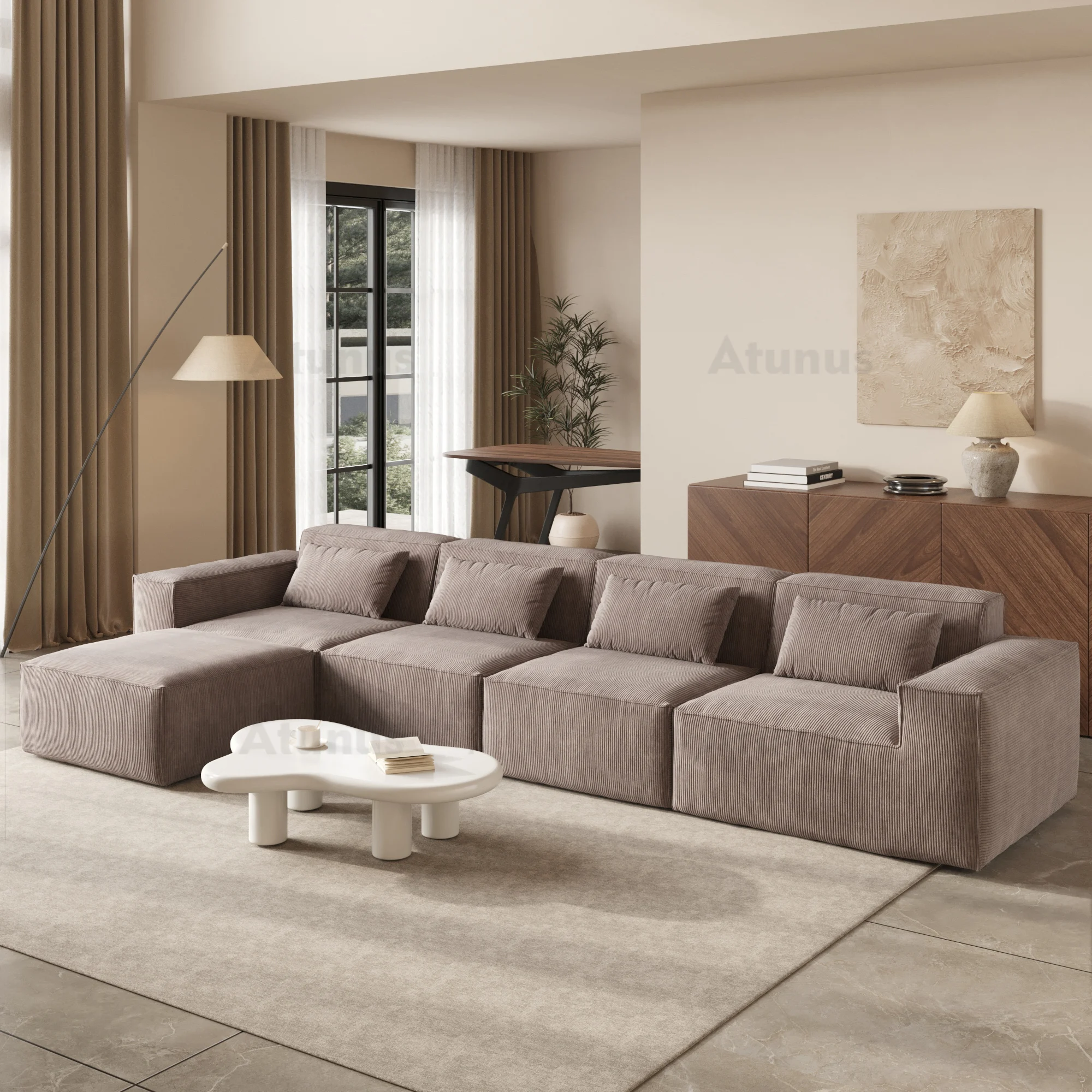ATUNUS French Brown Compress in Stock White L Shape Sofa 4 Seater  Modular Sectional Sofa Corduroy Fabric Living Room Couch Set