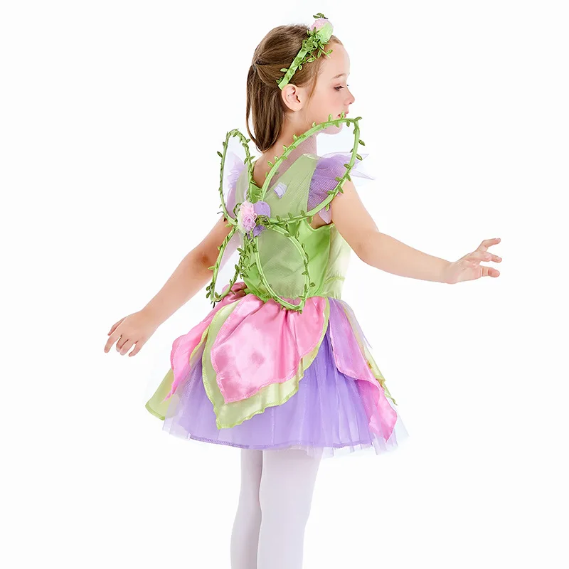 Girls Tinkerbell Flower Princess Dresses Party Halloween Dress Cosplay  Costume Forest Fairies Princess Dress With Accessories