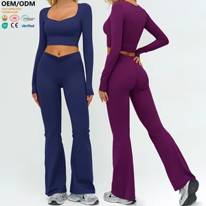 XW-TZ9313-8 High Quality Custom Women Flare Pants Butt Lifting v Neck Sports Top Breathable Long Sleeve 2 Piece Yoga Wear Set