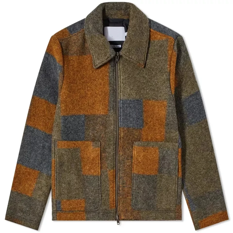 Lanwo Oem Custom Two Zip Way Closure Front Pockets Color Block Wool Jacket for Men