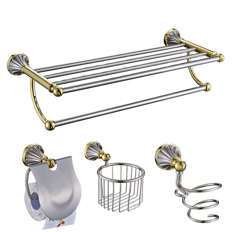 Chrome gold plated Wall Mounted Bathroom hardware accessories metal hanger with glass shelf