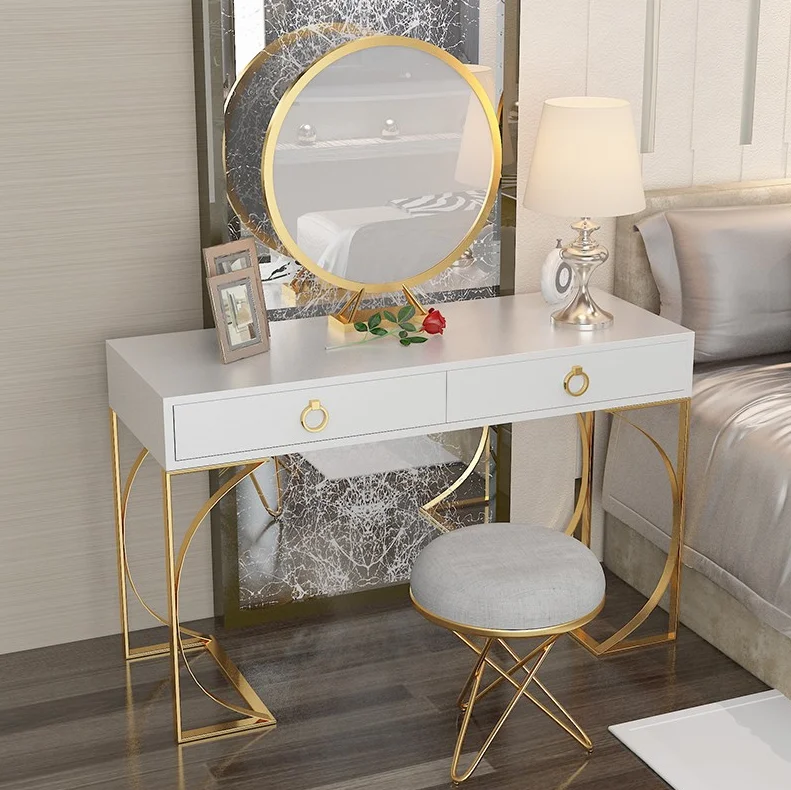 European Metal Frame Wooden Dressing Table with Mirror and Stool with  Dressers