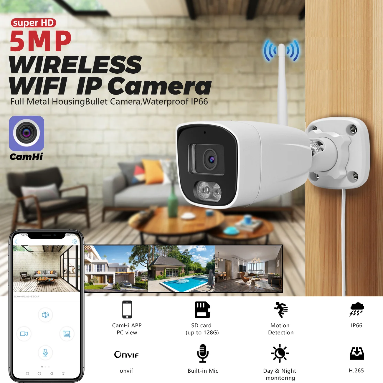 5MP Built in Mic IP66 Wireless IP CCTV Camera HD Metal Housing Indoor Outdoor  Bullet Wifi  Network Surveillance Camera