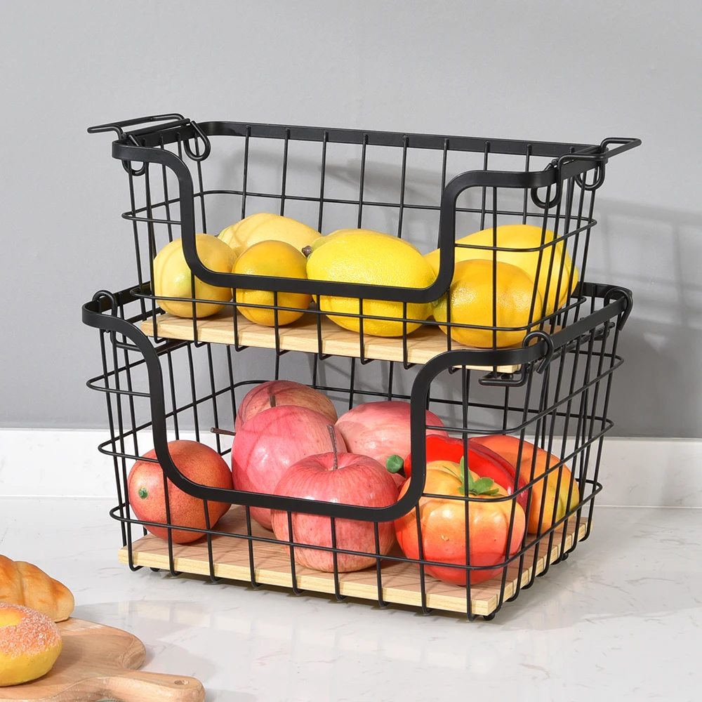 WIREKING 2 Pack Stackable Wire Storage Baskets Pantry Organization and Storage Wire Organizing Basket With Handle