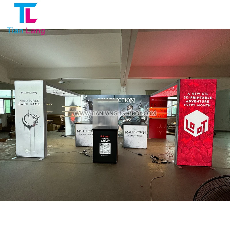 Популярни продажби на модулно конструирана алуминиева рамка SEG напрегната тканична световна кутия Портативен LED 10x20 стенд за ярмарки