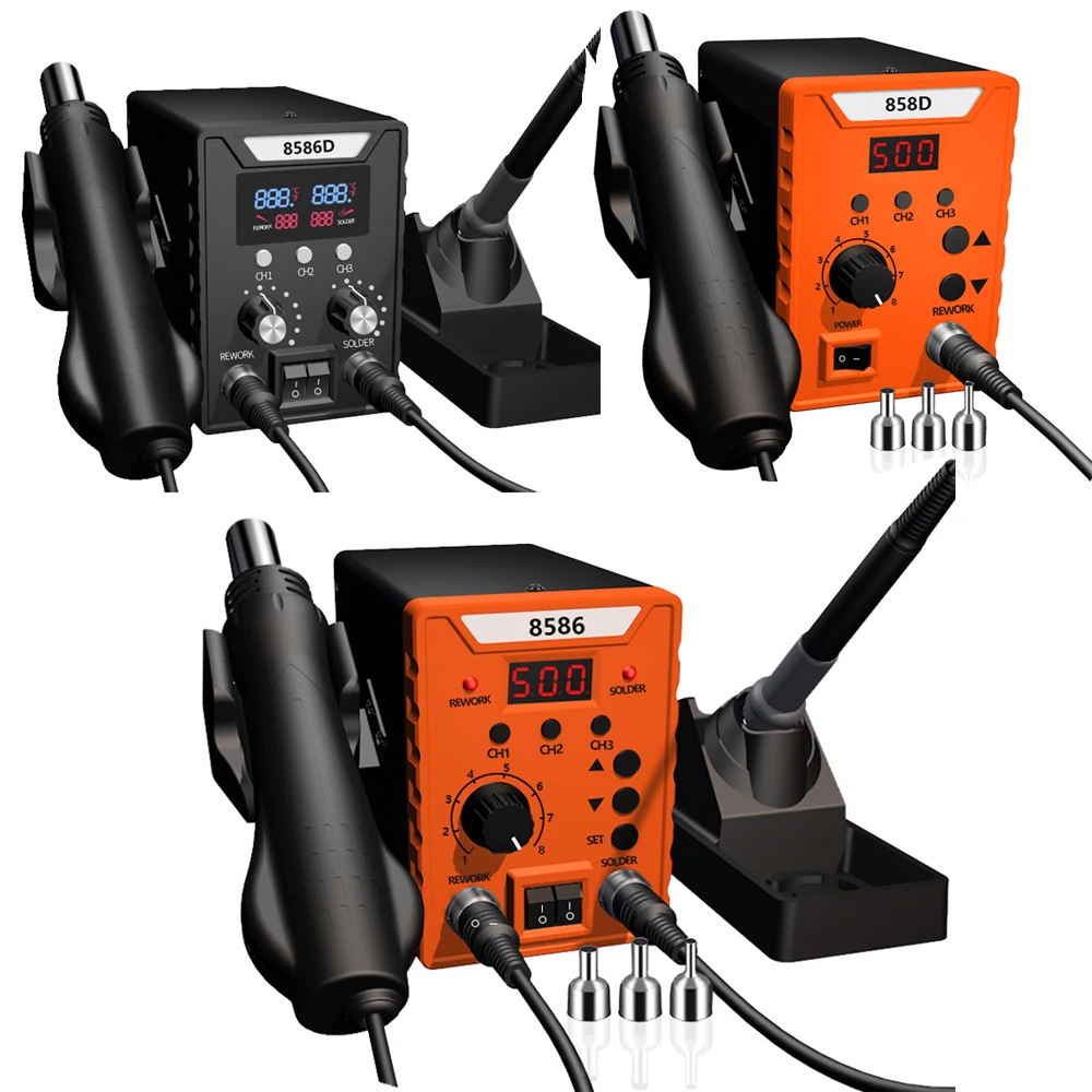 Rework 8586 858D 2-in-1 Multi-Function Soldering Station with Soldering Iron and Hot Air Gun, Adjustable Temperature and Airflow