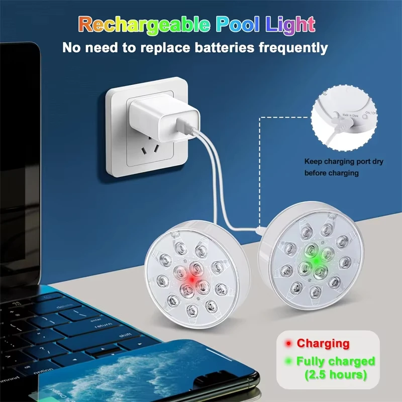 product new top quality 16 colors rgb led swimming pool usb rechargeable submersible ip68 underwater lights for with rf remote for boat-43