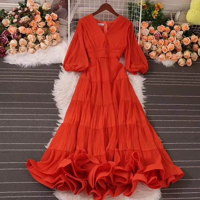 YM7143 - Chic V Neck Retro Dress with Tiny Wrinkle Patchwork