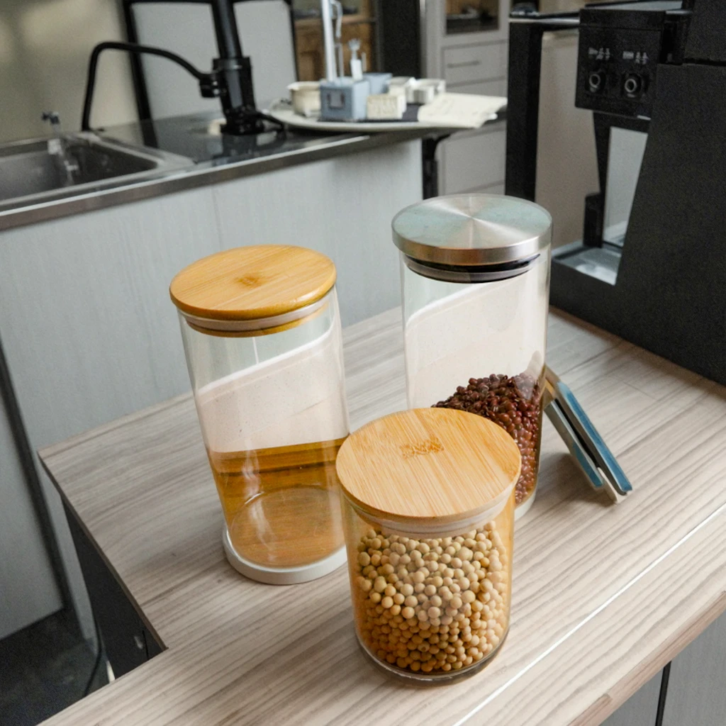 Clear Glass Storage tank with Wooden Lid Multigrain Storage sealed tank High Borosilicate Glass sealed tank
