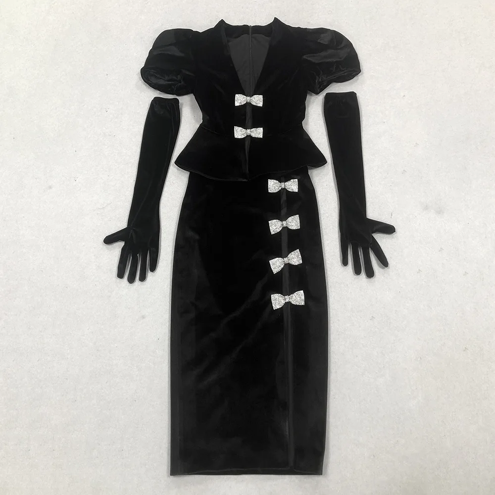 Custom Velvet Two-piece Set Womens V-neck Maxi Evening Dress Oem