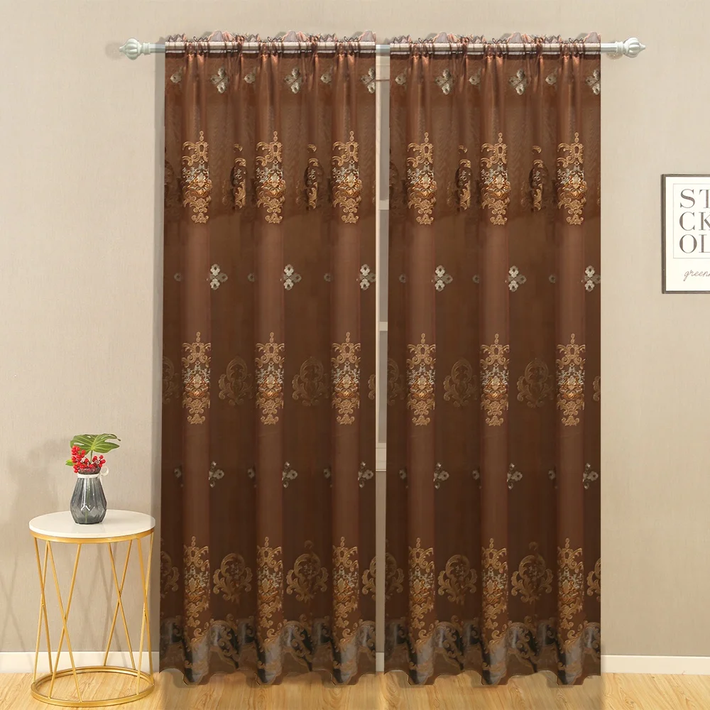 Two Layer Ready Cheap New Style Living Room Beige White Blue Jacquard Embroidery Curtain Designs Sheer Rod Pocket Window Curtain