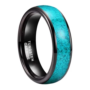 Coolstyle Jewelry 6mm Black Tungsten Ring for Women Men Crushed Turquoise Inlay Domed Fashion Jewelry Engagement Wedding Band