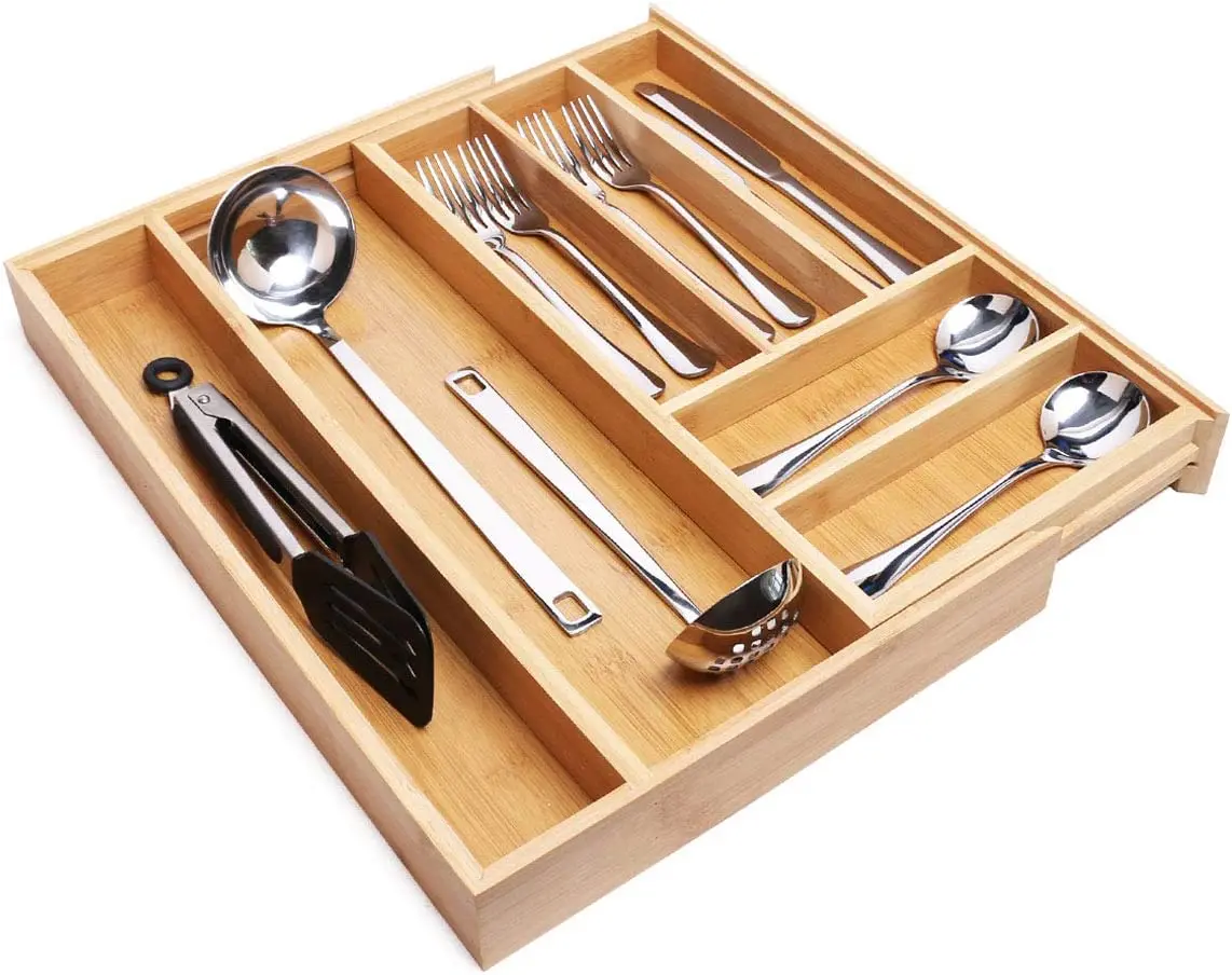 Kitchen Utensils Silverware Tray Adjustable Bamboo Cutlery Tray with Grooved Drawer Dividers