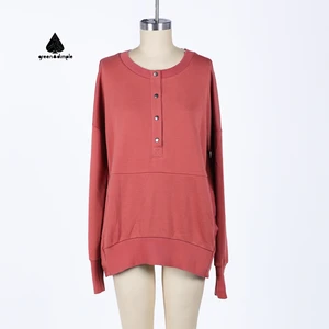 Custom French Terry Oversized Solid Hoodie Pullover Top Long Sleeve Front Button Sweatshirt Manufacturer for Women