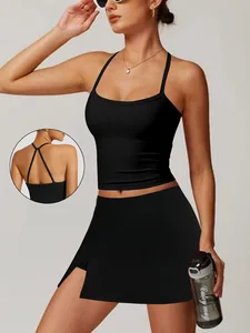 New Summer Women's Solid Color Suspender Moisture Wicking Fitness Slimming Tennis Short Skirt Set