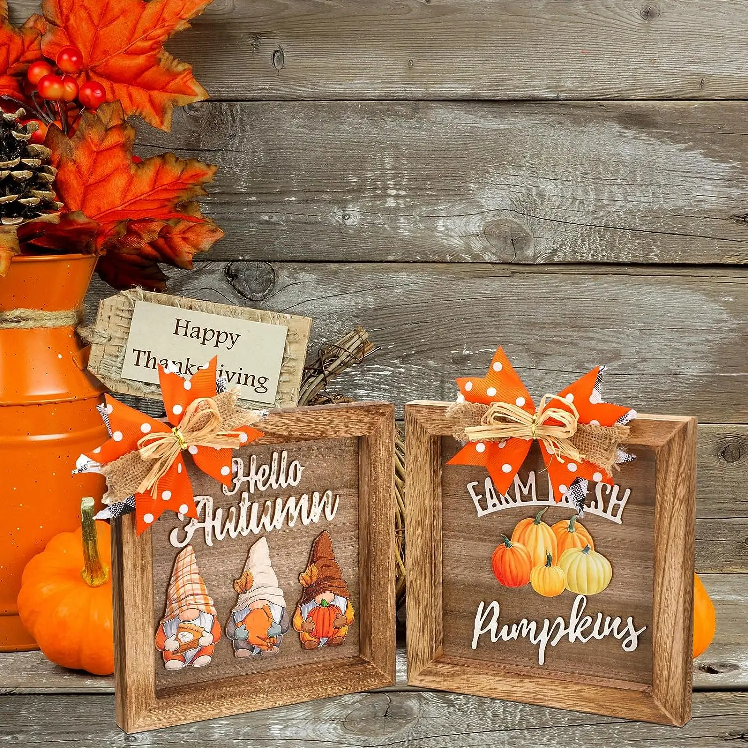 Geetery 2 Pcs Fall Table Decor 3D Thanksgiving Wooden Table Signs Dwarf Pumpkin Decor Thanksgiving Fall Wood Box Sign Hello Pump