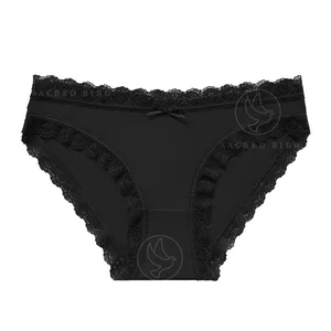 Women's Sexy Lace Stitching Ram Cotton Low-Rise Underwear Breathable Lightweight Distinctive Bow Lace Briefs Plain Dyed