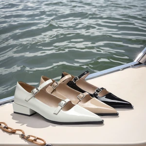 White Black Pink Pointed-Toe Shoes Low Chunky Square Heels Ankle Styles Decor Slip-On Women's Elegant Dress Shoes