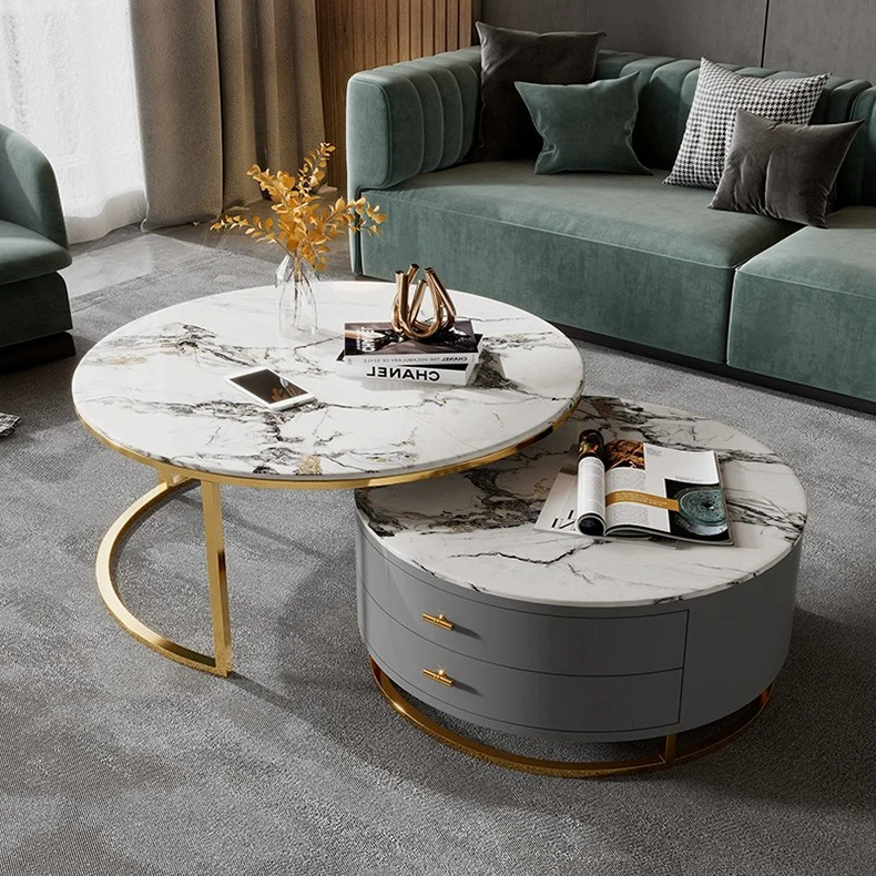 Light Luxury Rock Panel Tea Table,Glass Circular Tea Table,Retractable ...