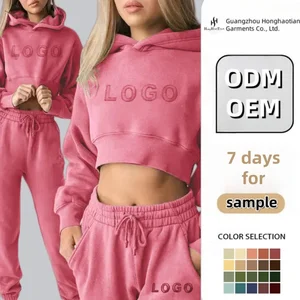 Wholesale Embossed Puff Print Crop Top Women Hoodies Sweatshirt Set Custom logo Design Print High Quality Cropped Women Hoodie