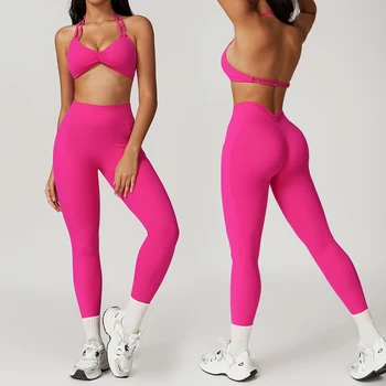 Custom Sexy Breathable Halter Neck Sports Bra Leggings Sets Workout Wear Yoga Sets Fitness For Women