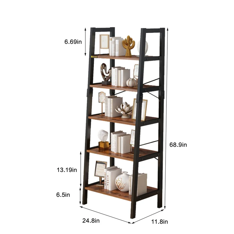 YQ Forever Furniture Modern Design Wood and Black Metal Living Room Decorative Storage Rack Bookcase Bookshelves Cabinet