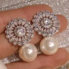 CAOSHI Flower Design Drop Tear Shape Stone Inlaid Zirconia Crystal Bride Wedding Imitation Pearl Earrings Women