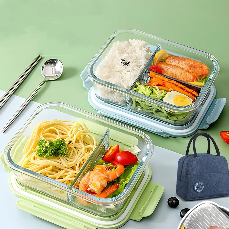 Rectangular High Borosilicate Glass Bento Lunch Box Set Microwave Safe Food Storage Container Crisper With PP Cover