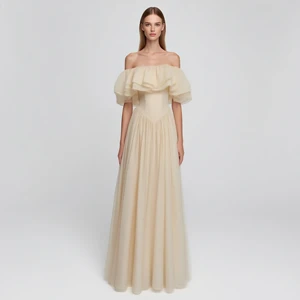 Manufacture Off-Shoulder Ruffle Maxi Dress, Women's Elegant Chiffon Evening Party Gown