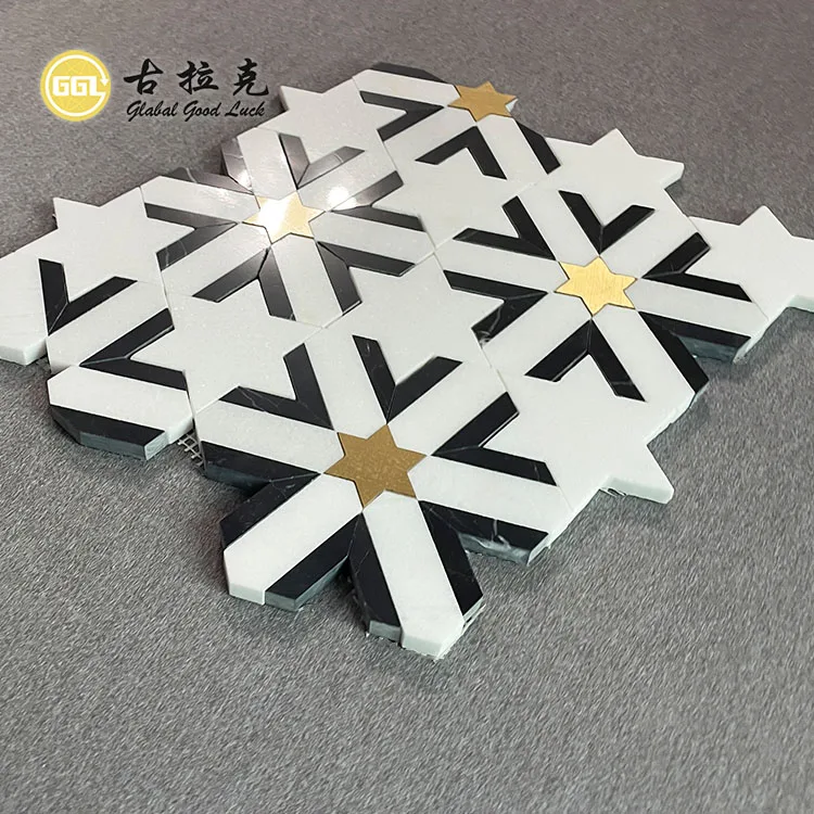 Hot Selling White Mosaic Star Shape Marble Tile Inlay Brass Stone Black Wall Floor Mosaic Tile manufacture