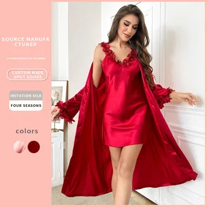 Summer Women's Sexy Erotic Ice Silk Satin Two-Piece Nightdress Pajamas Set V-Neck Elastic Waist Breathable Solid Pattern