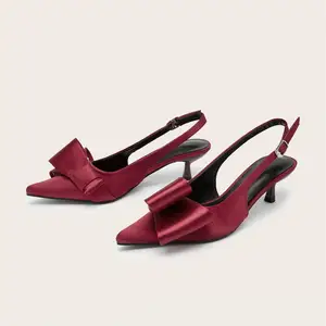 BUSY GIRL CXX200 Fashion Banquet Women Sandals Wine Red Satin Pointed High Heel Hollow Back Strap Bow Stiletto Single Shoes